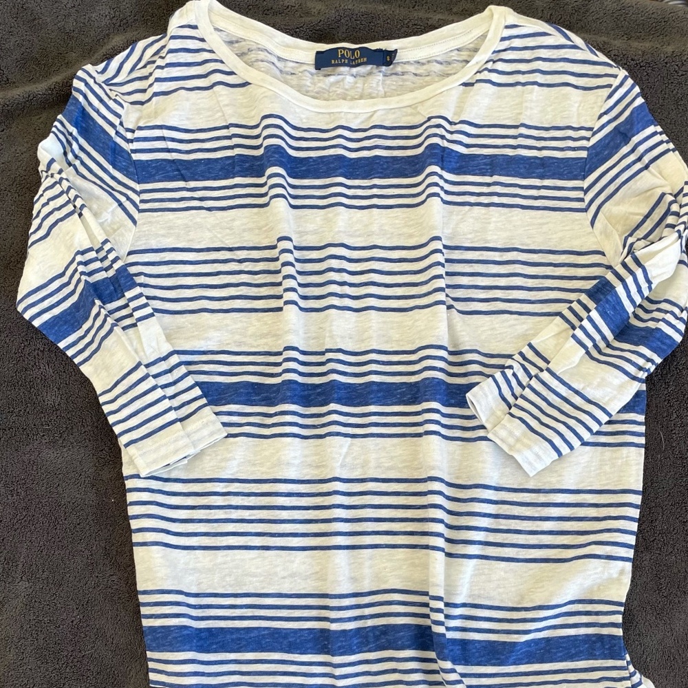 Ralph Lauren Blue Labelcrew neck striped linen top
